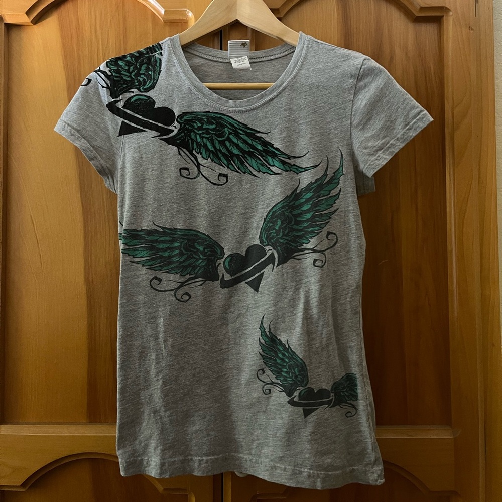 Lost Gray T-Shirt with Green Winged Heart Design